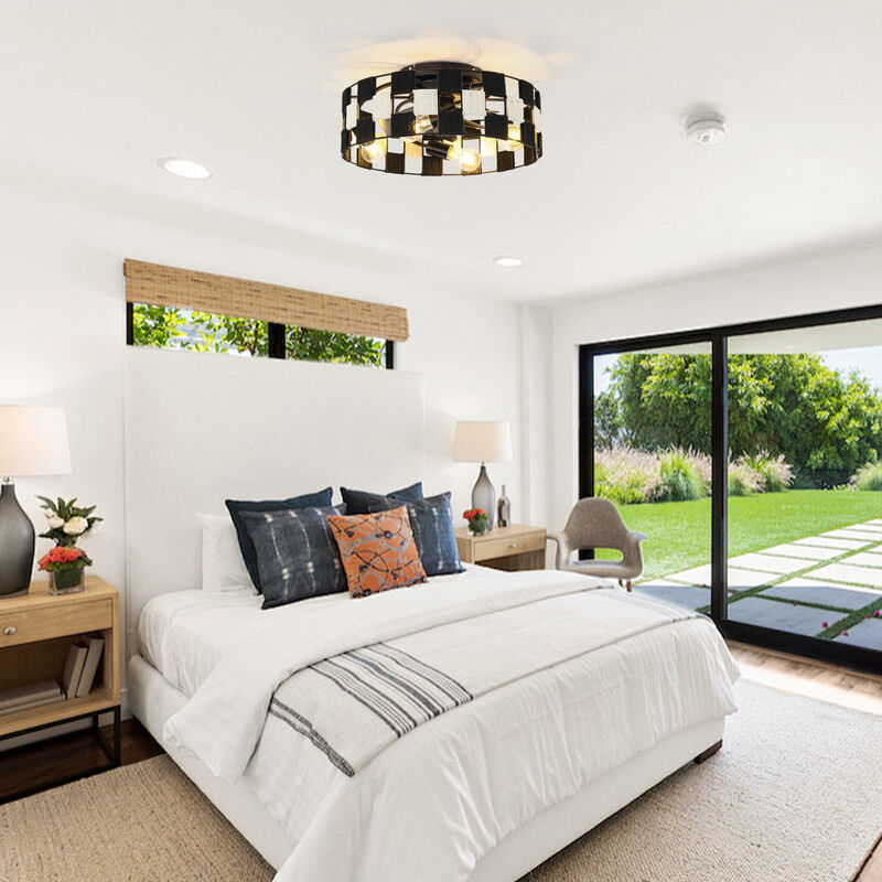 17.7 in. APP Control Black and White Rope Checkerboard Caged Ceiling Fan with Light and Remote