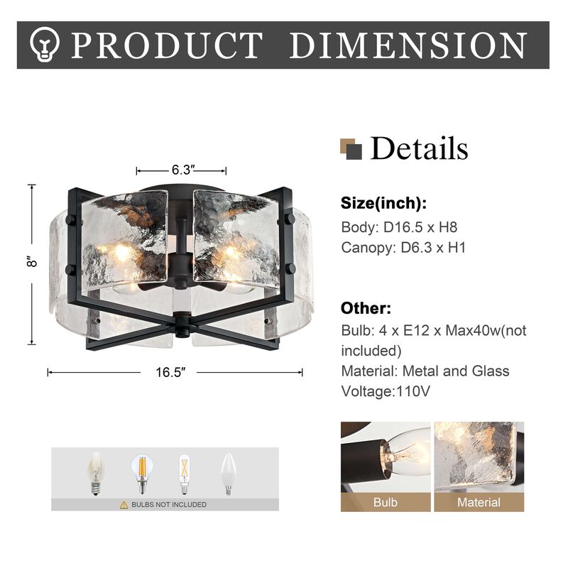 Emma Black 4-Light Metal Frame Textured Glass Panels Flush Mount image number 1