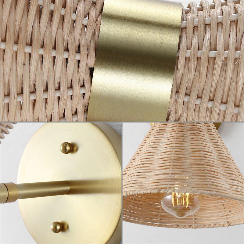 Zoey 1-Light Mid-Century Vintage Retro Rattan/Metal LED Sconce with Adjustable Shade