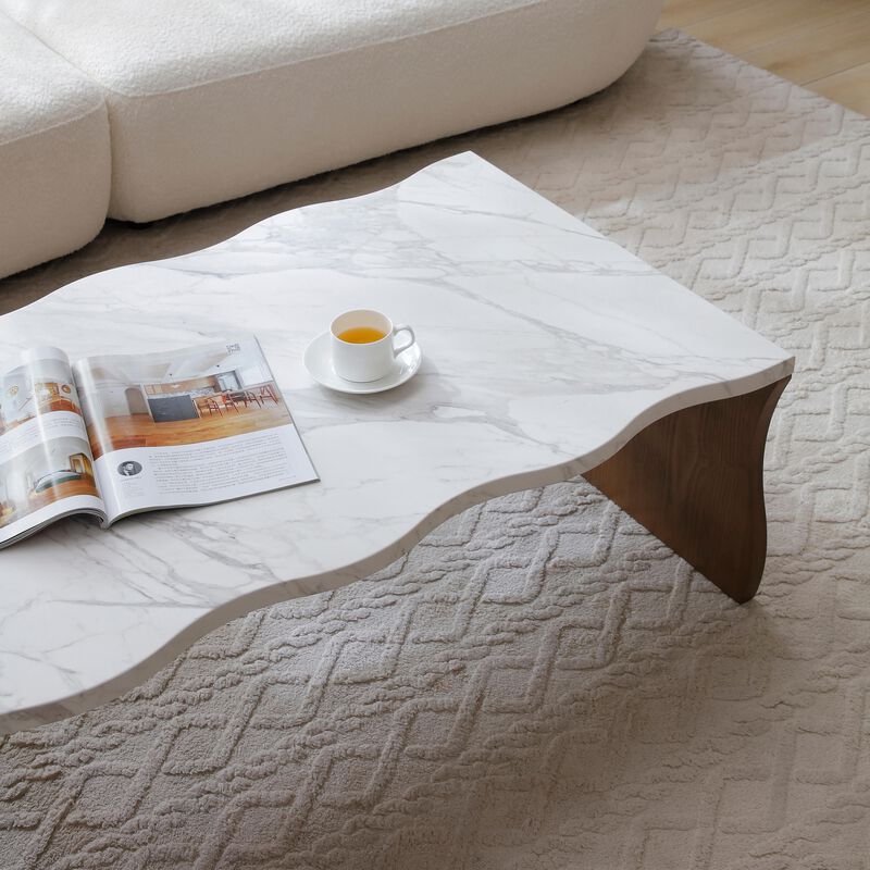 Whisper of Waves Modern Coffee Table with Faux Marble Top & Wood Tone Base image number 5