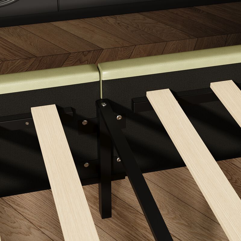 FUFU&GAGA Minimalist Leather King Bed with Iron Frame Tall Button-Detail Headboard Wood and Iron Legs 86.2''L x 79.9''W x 53.1''H Green