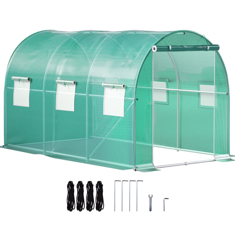 Outdoor Walk-In Greenhouse with Zippered Door, Roll-Up Windows and Steel Frame-Green image number 4