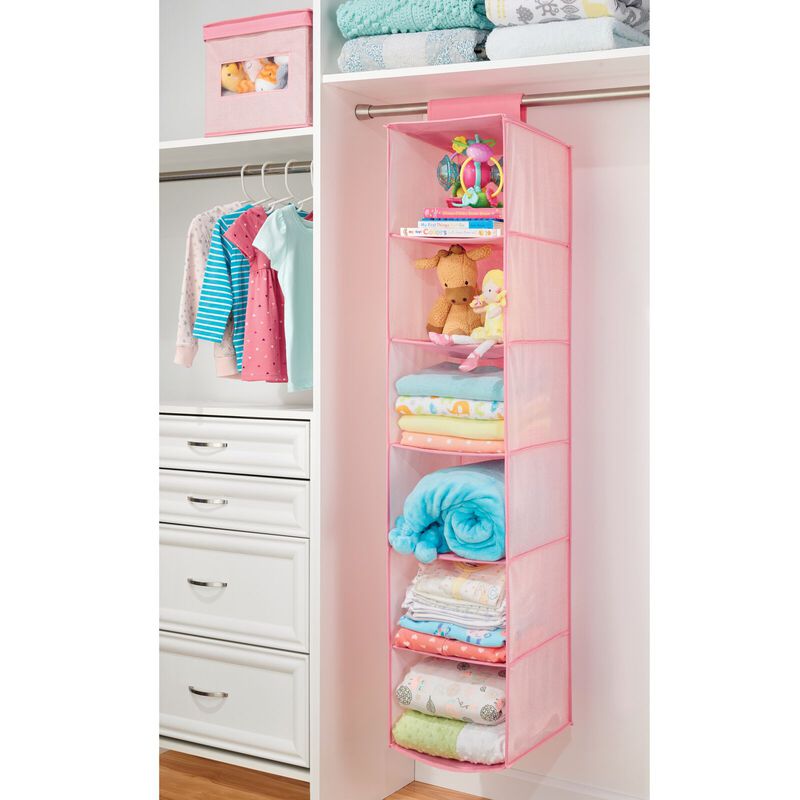 mDesign Fabric Baby Nursery Hanging Organizer with 6 Shelves - Pink Herringbone image number 4
