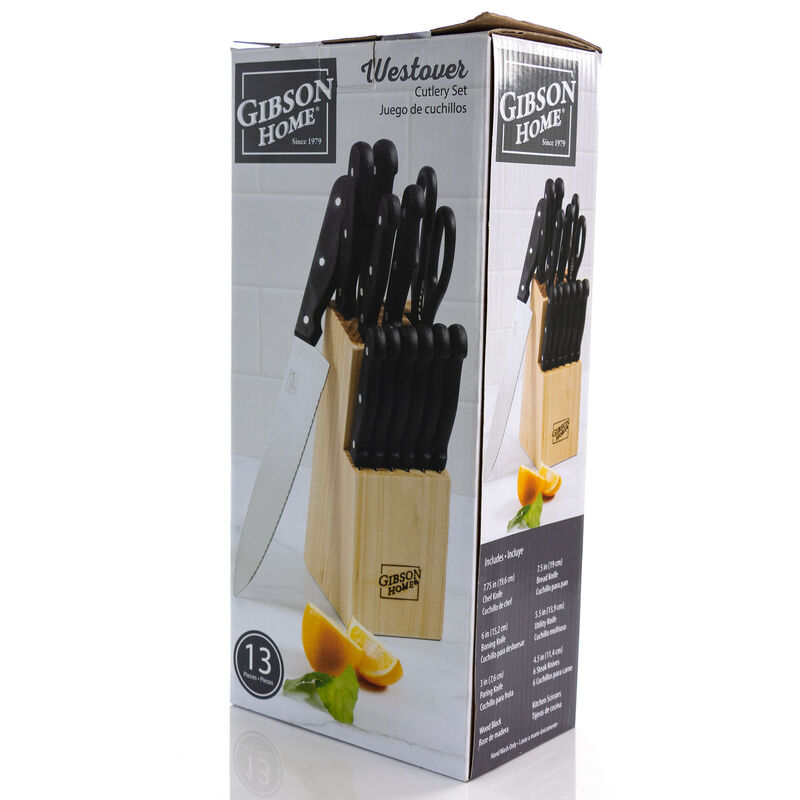 Gibson Home Westover 13 Piece Stainless Steel Cutlery Set in Black with Wood Storage Block