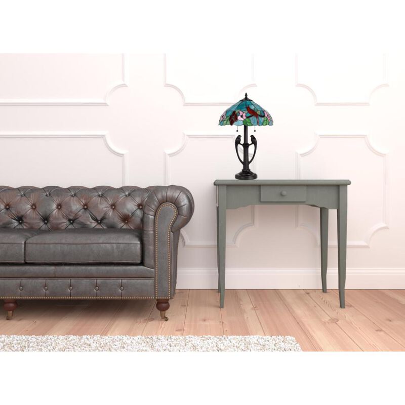 Hivvago 22" Bronze Two Light Tiffany Table Lamp With Aqua and Red Floral Shade