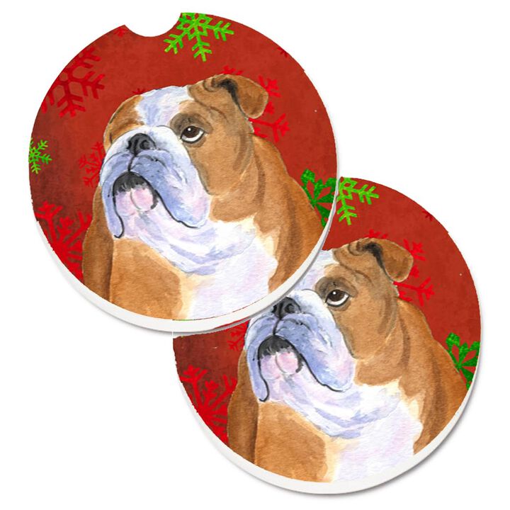 Caroline's Treasures Bulldog English Red & green Snowflakes Holiday Christmas Set of 2 Cup Holder Car Coasters SS4698CARC, 2.56, Multicolor