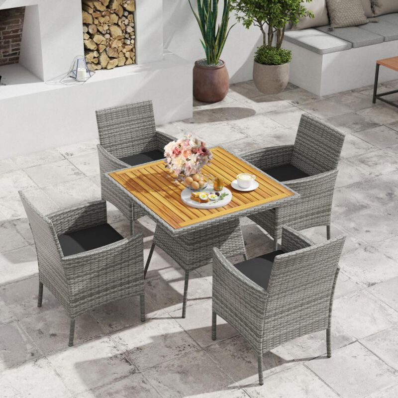 Hivvago 5 Pieces PE Wicker Patio Dining Set Outdoor Acacia Wood Table and Chairs