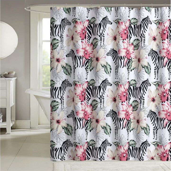 RT Designers Tropical Fiesta Hibiscus Zebra Printed Shower Curtain - 70x72", Multi