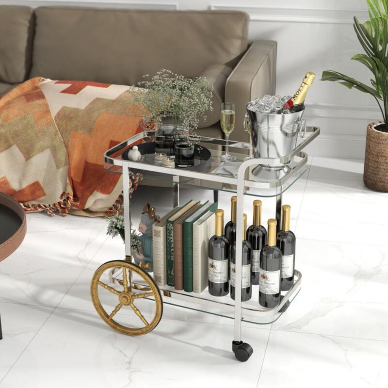 Hivvago 2-Tier Tempered Glass Bar Cart with 2 Large Aluminum Wheels and 2 Rolling Casters