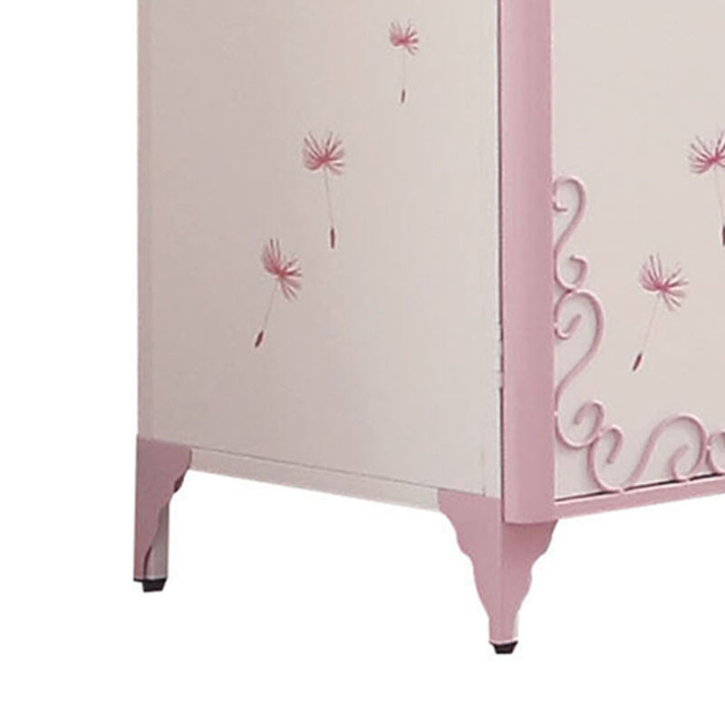 Metal Armoire with Butterfly Handle and Dandelions, White and Purple - Benzara