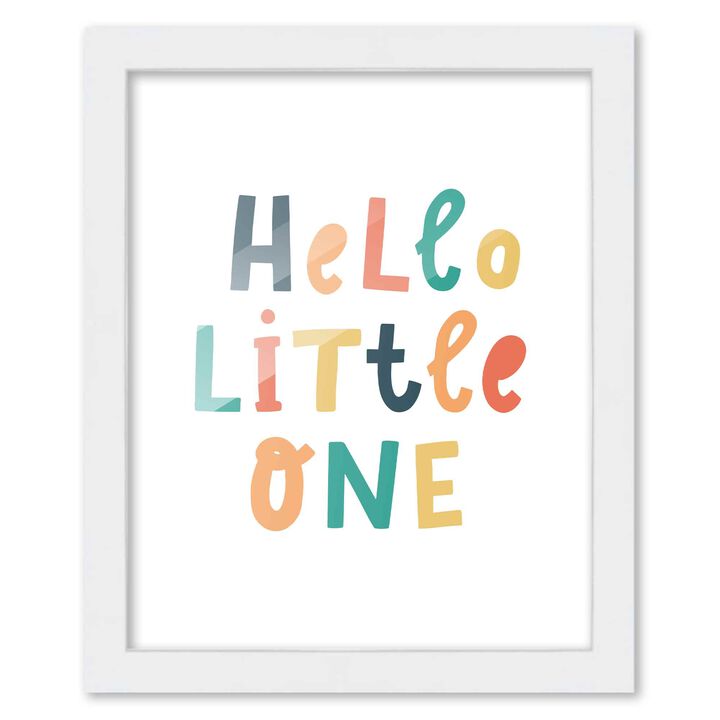 8x10 Framed Nursery Wall Art Colorful Hello Little One Poster In White Wood Frame For Kid Bedroom or Playroom