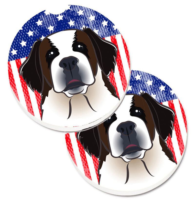 Caroline's Treasures American Flag & Saint Bernard Set of 2 Cup Holder Car Coasters BB2176CARC, 2.56, Multicolor