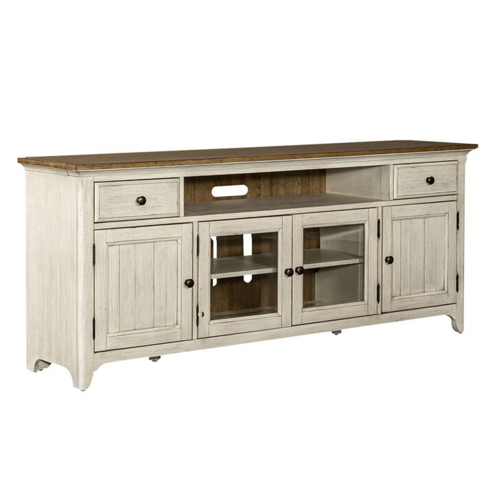 Liberty Furniture Farmhouse Reimagined Entertainment TV Stand in Antique White w/ Chestnut Top