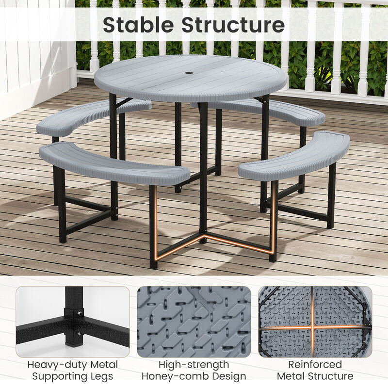 Round Picnic Table Set with 4 Benches and Umbrella Hole &ndash; Outdoor Patio Dining