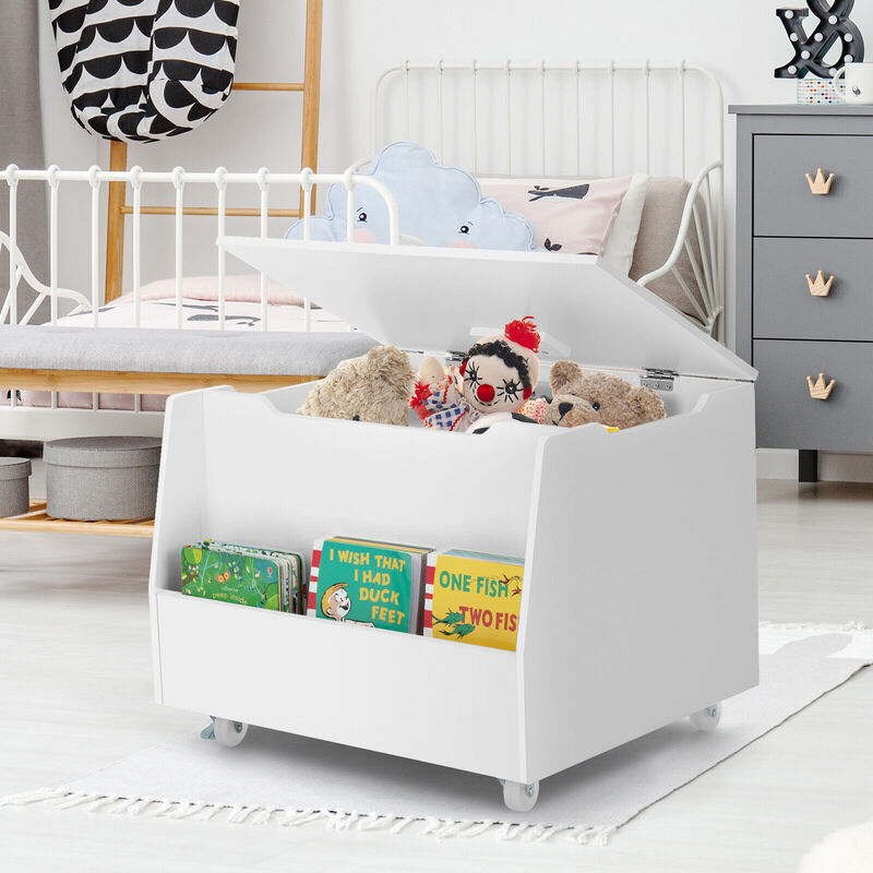 Wooden Mobile Toy Storage Organizer with Bookshelf and Lockable Wheels-White