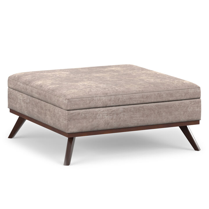 Owen 40 inch Wide Mid Century Modern Square XL Coffee Table Storage Ottoman in Distressed Grey Taupe Vegan Faux Leather, Assembled