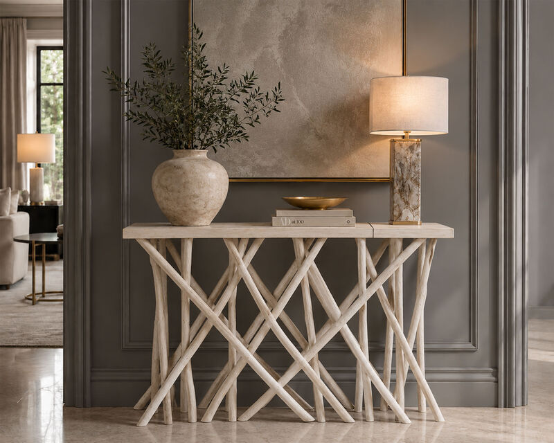 Kyra 47 Inch Sofa Console Table, Solid Teakwood Branch Legs, Whitewash Finish image number 5
