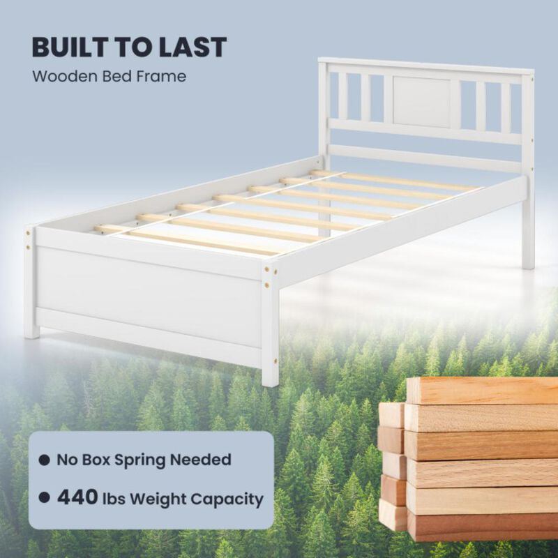 Hivvago Twin Size  Wooden Platform Bed with Headboard and Wood Slat Support White