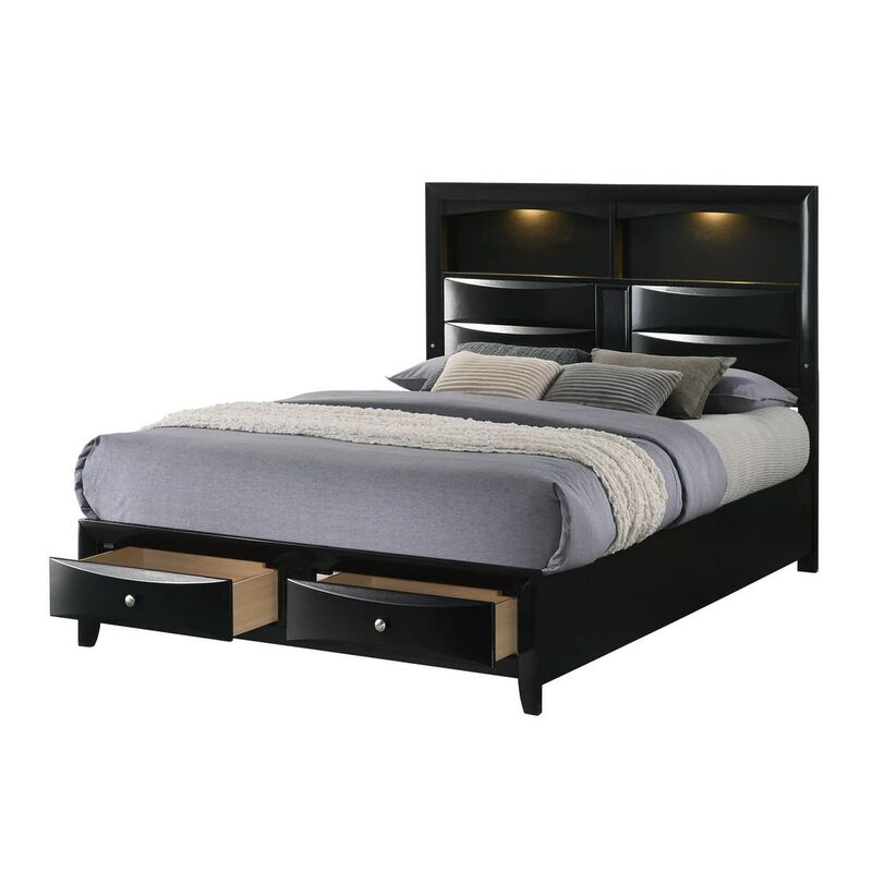 Benjara Flash Queen Size Bed, 2 Storage Drawers, Shelves, Black Wood, LED Headboard