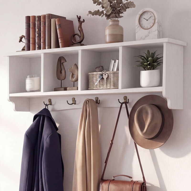 Entryway Coat Rack with Wooden Shelf and Storage Cubbies image number 4