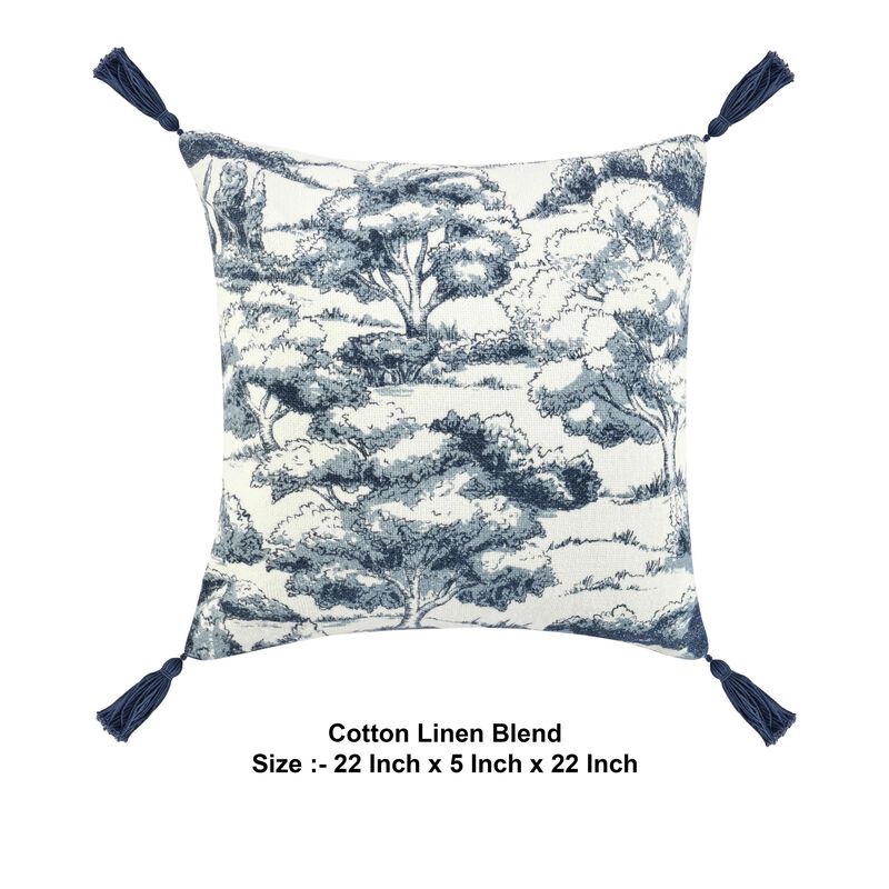 Wod Square Accent Throw Pillow, 22 Inch Blue Toile, Ivory Cotton Blend - Benzara