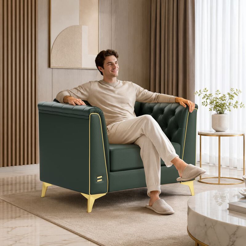 Chesterfield Accent Chair, Faux Leather Button Tufted Rolled Arm Chair, Modular 1 Seater with Metal Trim and Tapered Legs image number 4
