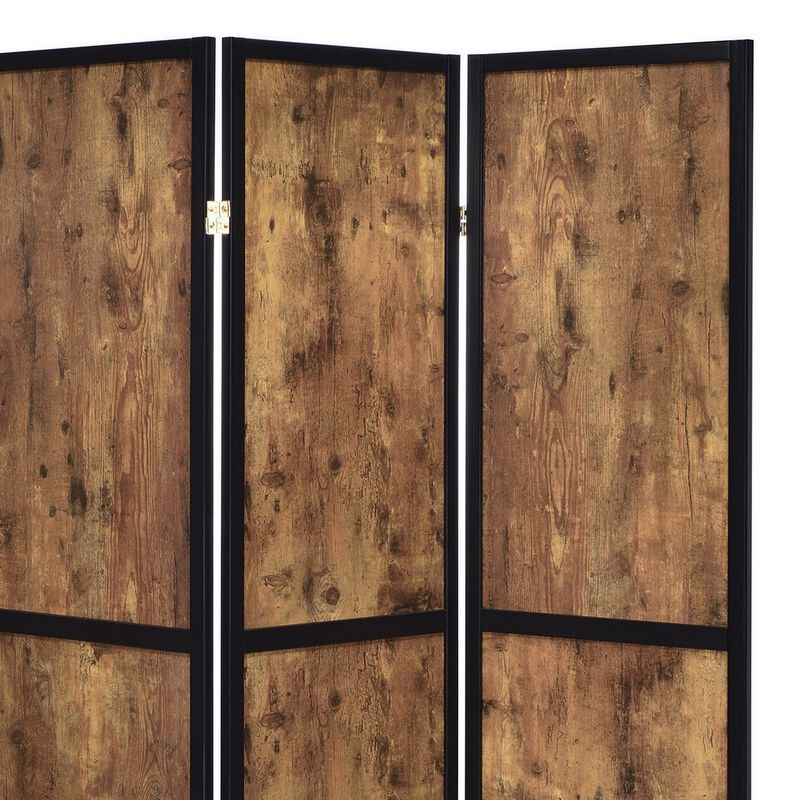 4 Panel Screen with Grain Details and Knots, Brown and Black - Benzara