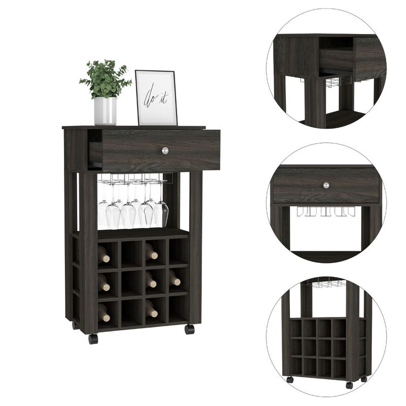 DEPOT E-SHOP Margh Bar Cart, Twelve Built-in Wine Rack, Drawer, Carbon Espresso