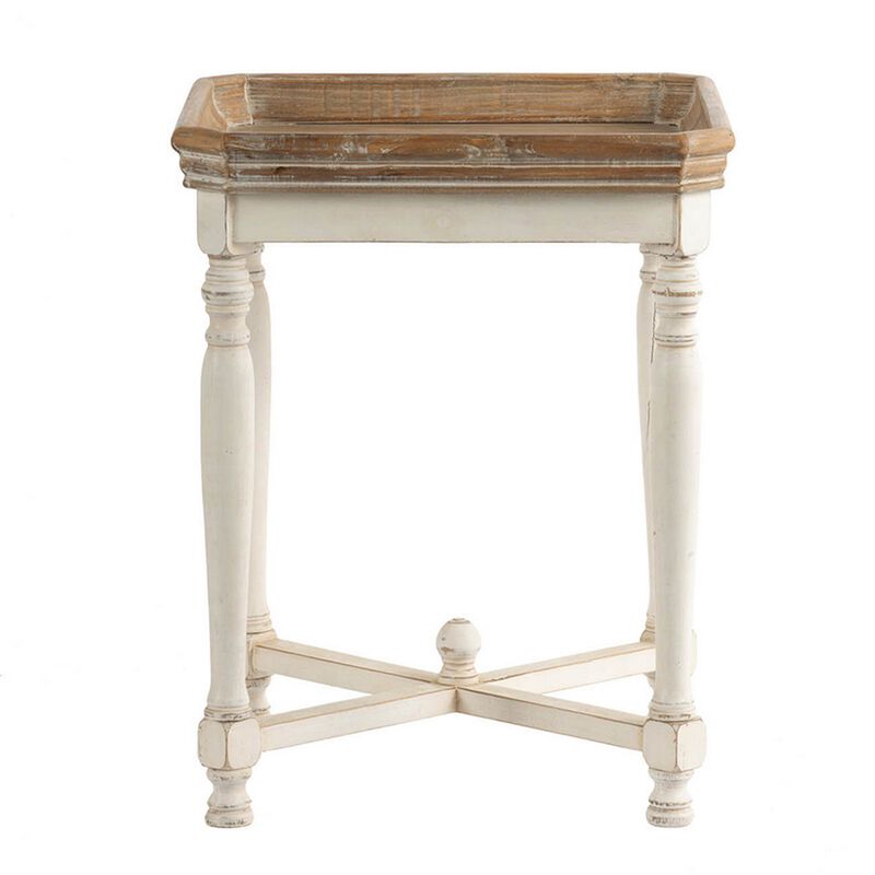 25 Inch Square End Side Table, Fir Wood, Natural Brown, Antique White - Benzara