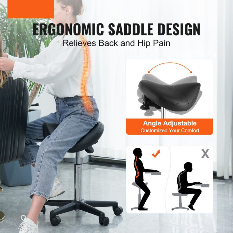 Ergonomic Saddle Stool with Wheels, Swivel PU Leather Seat for Spa, Clinic & Tattoo Studio-Black image number 7