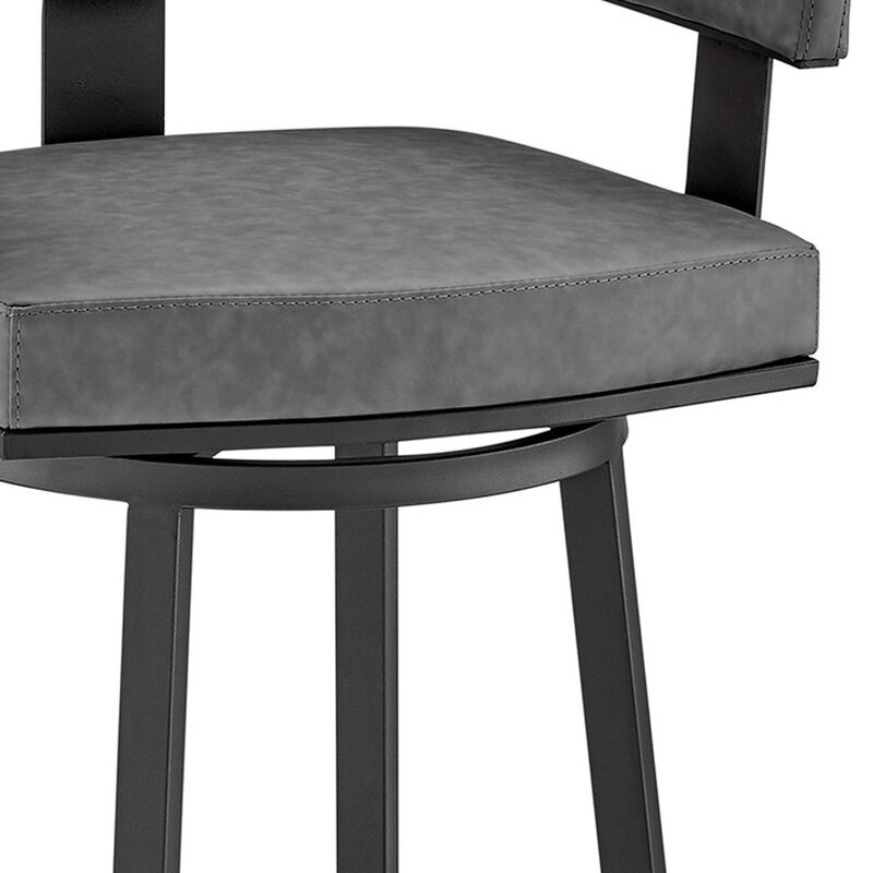Hivvago 30 Inch Gray and Black Faux Leather and Iron Low Back Bar Height Swivel Bar Chair