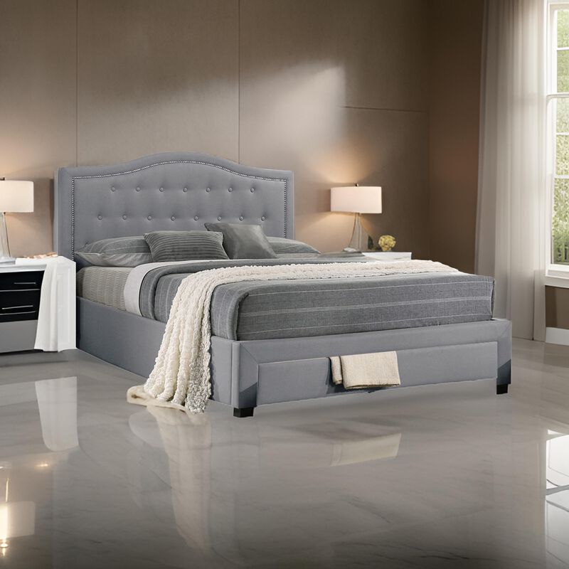 Sey California King Bed w Storage Drawer, Light Gray Burlap Upholstery - Benzara