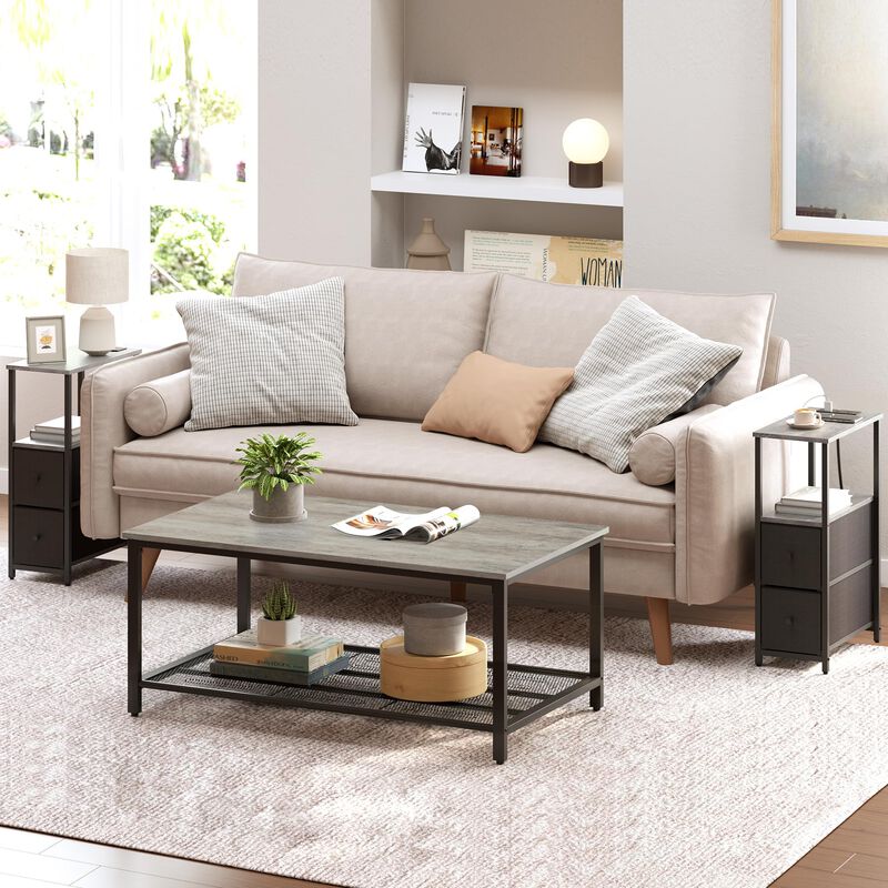 TUTOTAK Small Narrow End Table with Charging Station, Set of 2, Side Table with Outlets, Nightstand with 2 Cloth Drawers, Couch