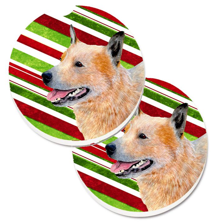 Caroline's Treasures Australian Cattle Dog Candy Cane Holiday Christmas Set of 2 Cup Holder Car Coasters LH9227CARC, 2.56, Multicolor
