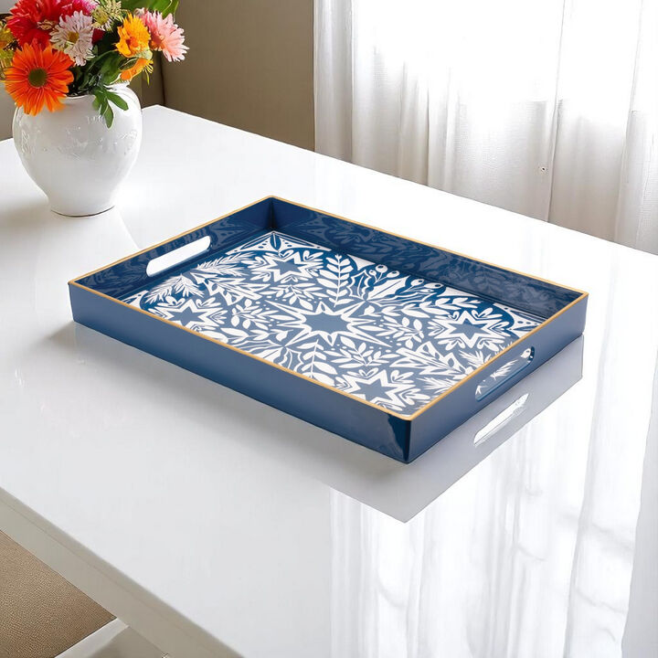 HomeRoots 16" Blue And White Geometric Star And Trees Serving Tray With Handles