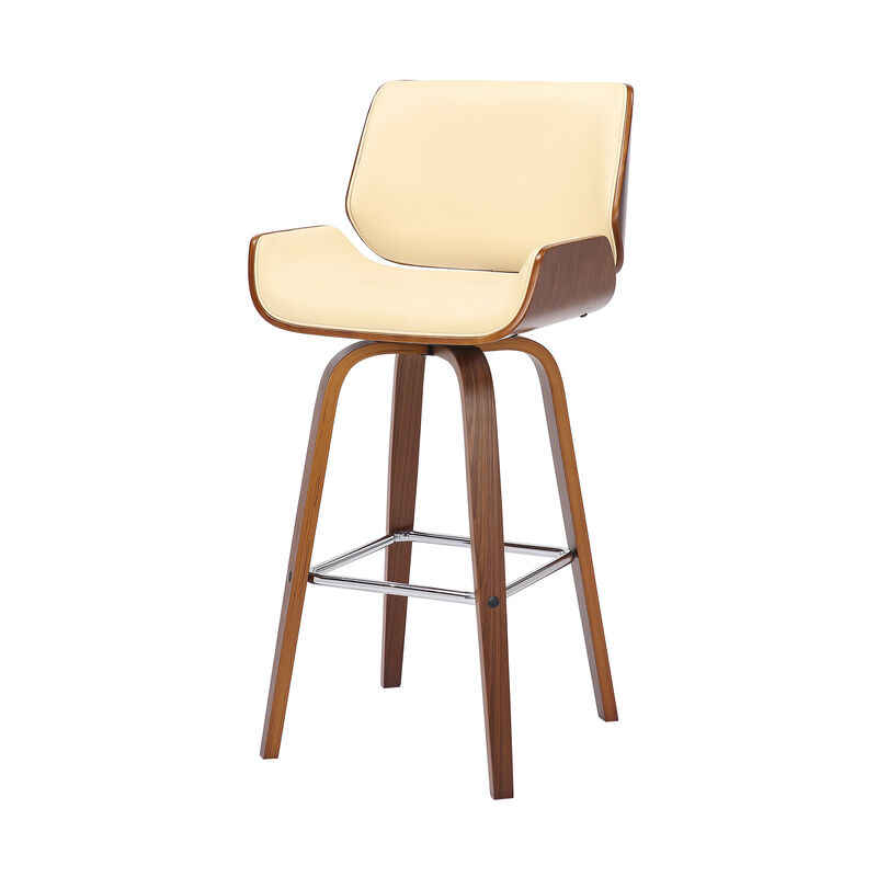 Hivvago 30 Inch Cream And Brown Faux Leather And Solid Wood Swivel Bar Height Bar Chair
