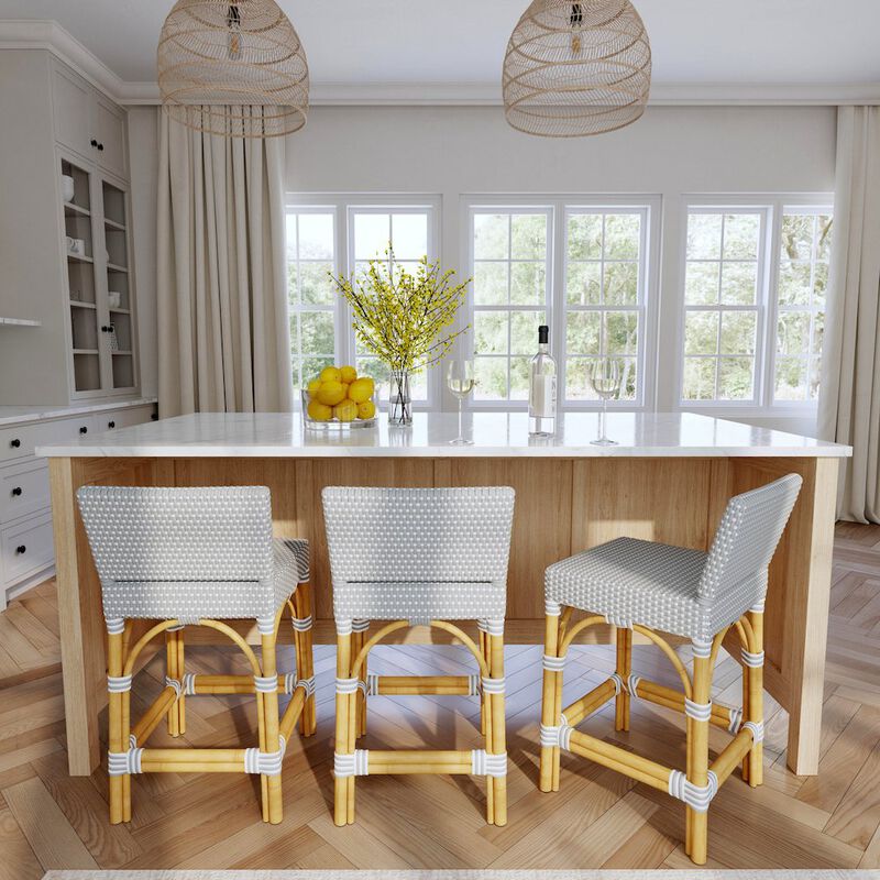 Butler Specialty Serienna Rectangular Rattan Low Back 24.5 Counter Stool, Gray and White