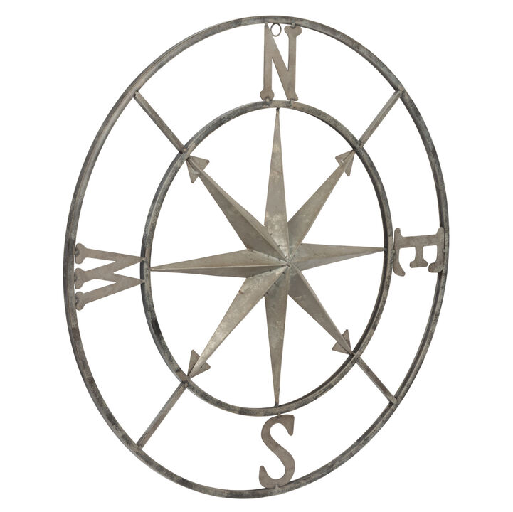 Round Metal Compass Wall D&eacute;cor, Distressed Silver Finish
