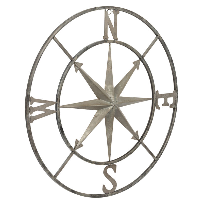 Round Metal Compass Wall D&eacute;cor, Distressed Silver Finish image number 0