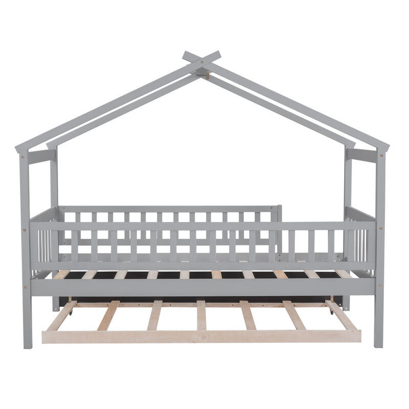 Merax Twin Size Wooden House Bed with Twin Size Trundle