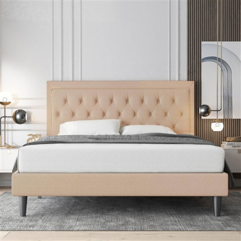 Modern Linen Platform Bed – Button Tufted Headboard and Low Profile Frame Design