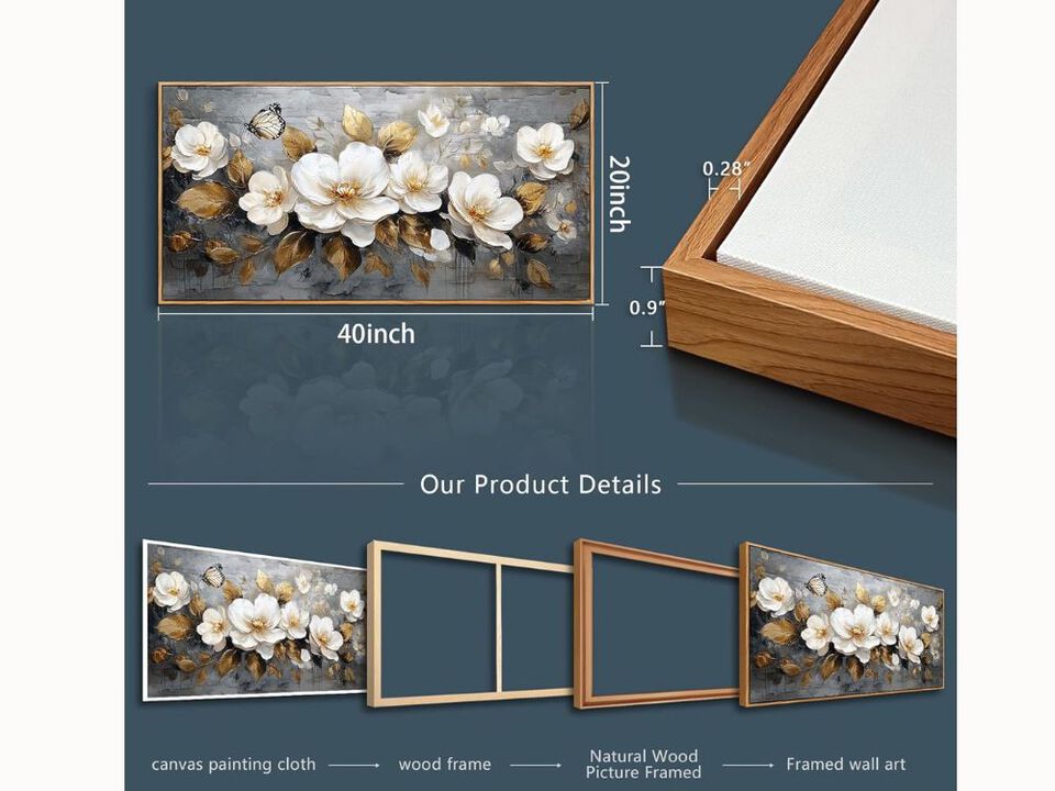 20×40" White Flower Canvas Wall Art – Wood Frame, Farmhouse Style