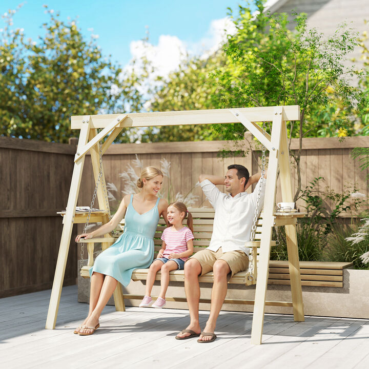 Hivvago 3-Seat Wooden Porch Swing with Stand & Side Tables