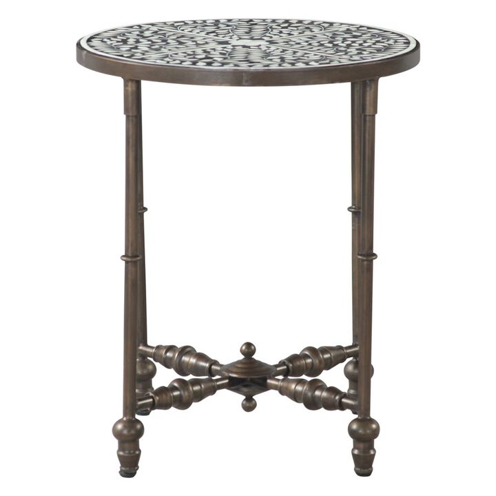 World Interiors Ozark 20" Side Table with Floral Horn Inlay and Iron