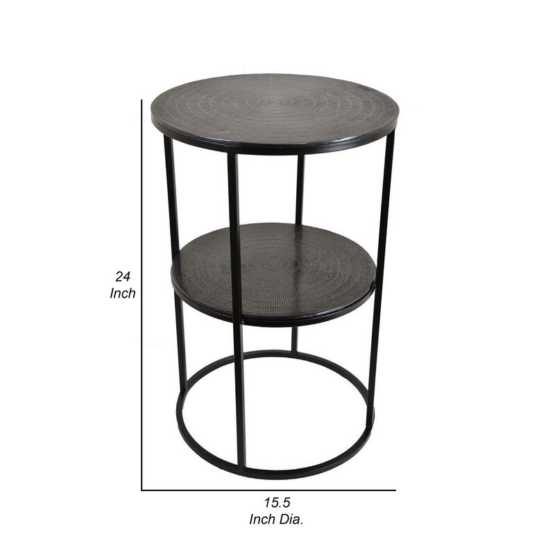 Solly 24 Inch Plant Stand Table with 1 Shelf, Round, Metal, Black Finish - Benzara