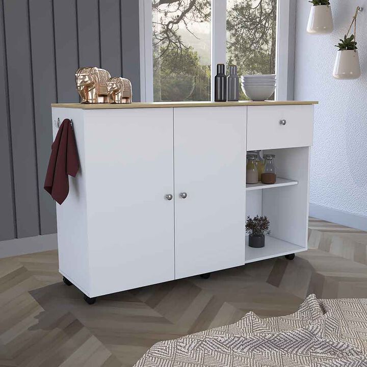 Syros Kitchen Island Cart, Six Carter, One Drawer, Double Door Cabinet, Two External Shelves, Four Interior Shelves, White / Pine