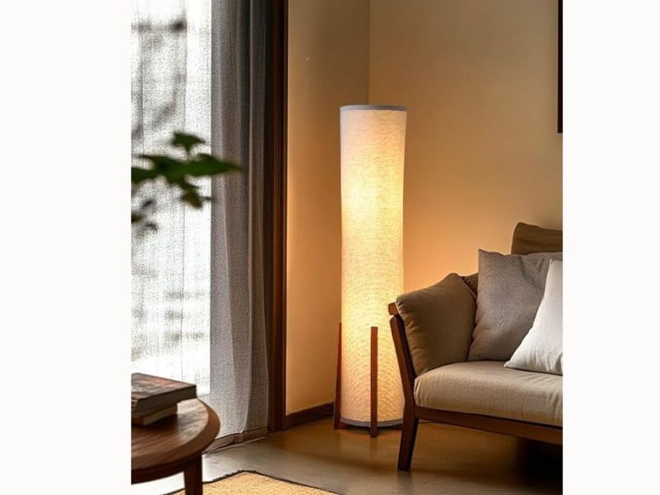 48" Paper Lantern Floor Lamp – Wood Frame, Asian Tower Design, LED Included