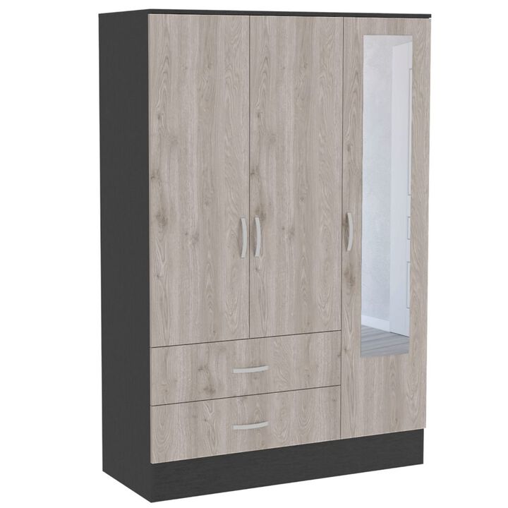 DEPOT E-SHOP Gangi 120 Mirrored Armoire, Double Door Cabinet, Two Drawers, Metal Hardware, Rods, Four Shelves, Black / Light Gray