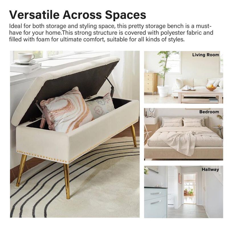 Hivvago Mid-Century Modern Bed Storage Bench with Ivory Velvet Seat and Gold Legs