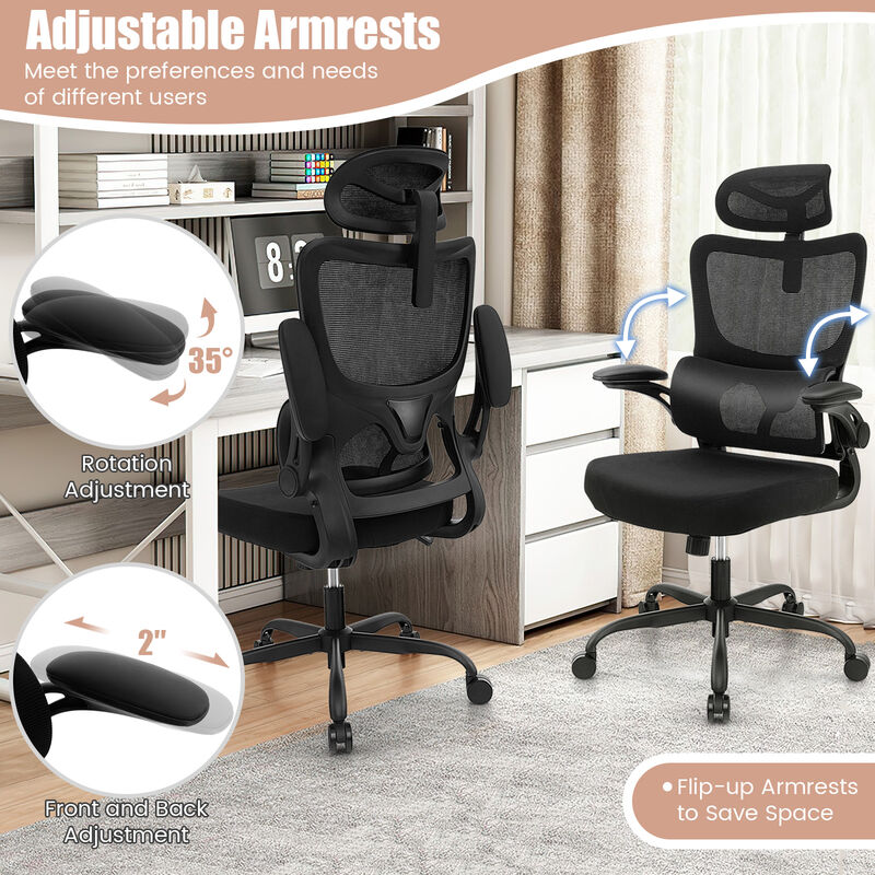 Mesh Office Chair with Adaptive Lumbar Support  Flip-up Armrests  Reclining Backrest-Black image number 6